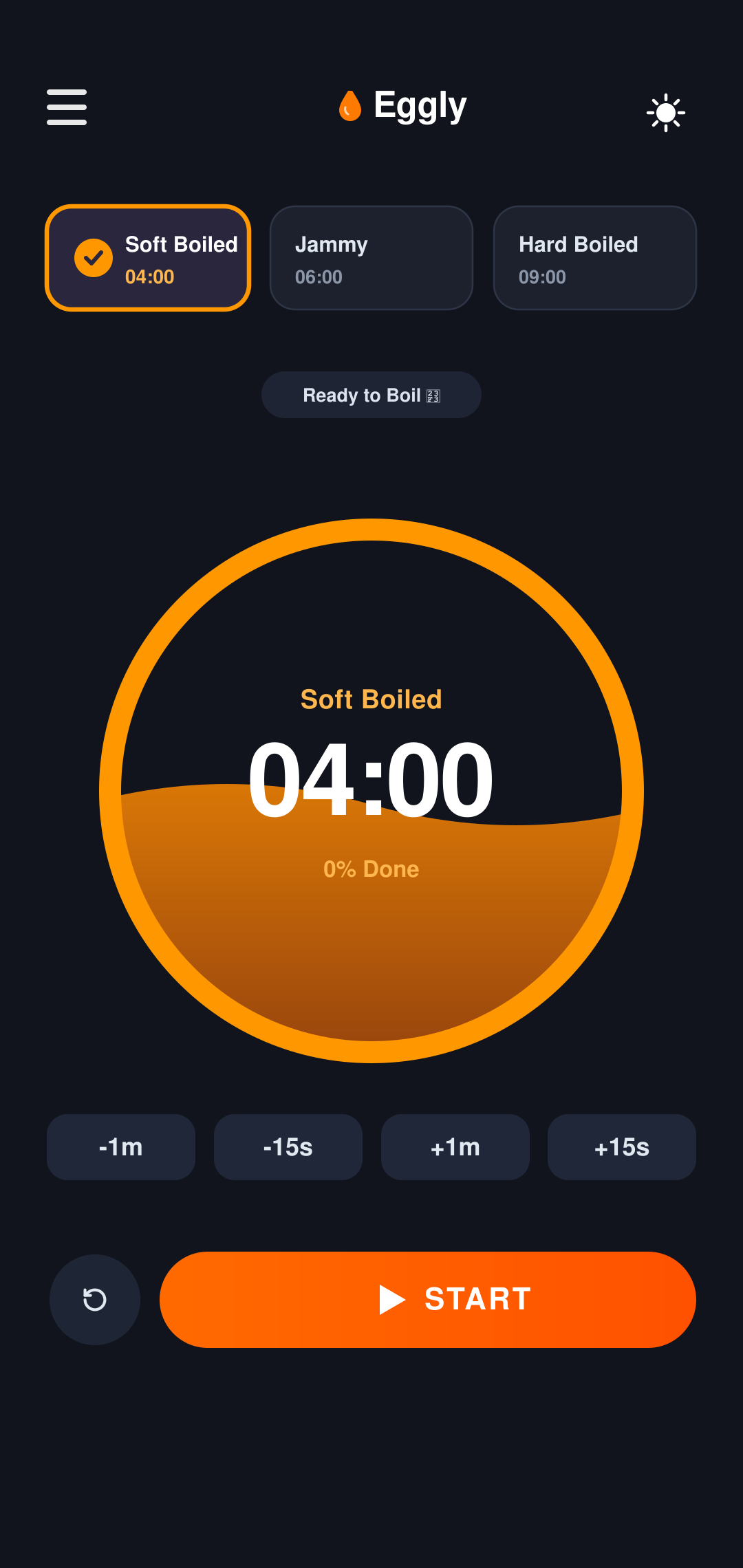 Eggly Android App - Dark Mode Timer Soft Boiled 04:00